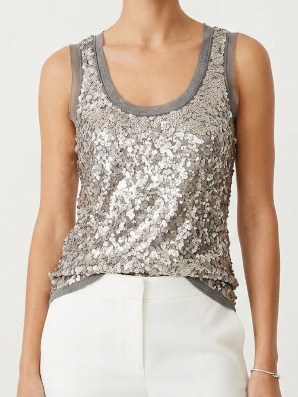 Sequin Front Ann Taylor LOFT Gray Cotton Tank Top Size L Large